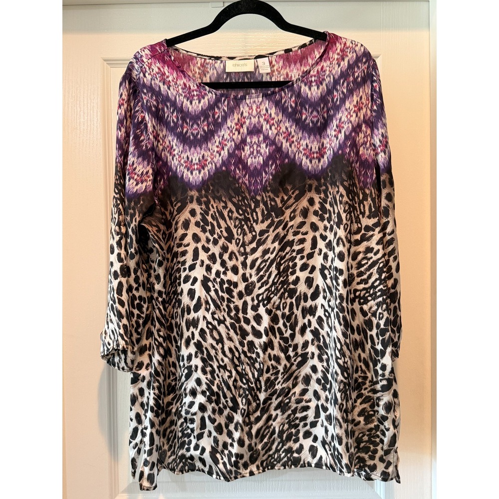 Chico's Tunic Top Multicolor Satin artsy Floral Animal Print Size XL (3) Boho